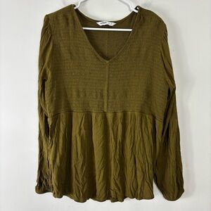 Sonoma Blouse Womens 1X Long Sleeve Smocked Chest Flowy Fit Green Earth Tone